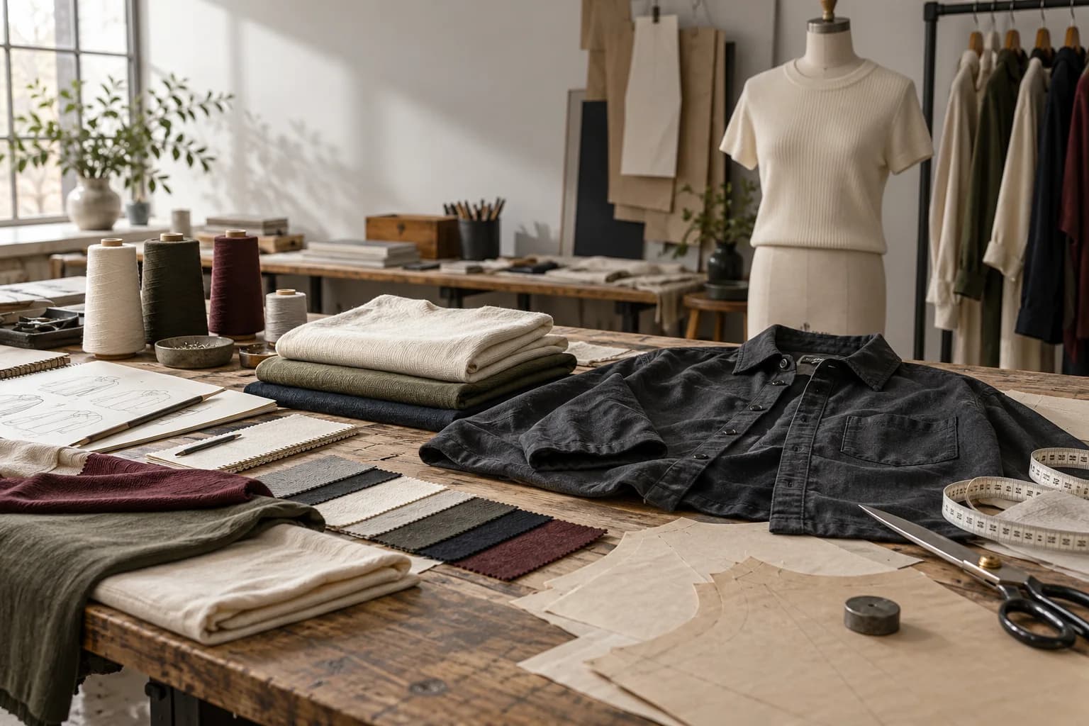 Illustrative apparel development studio with sample garments, fabrics and pattern pieces